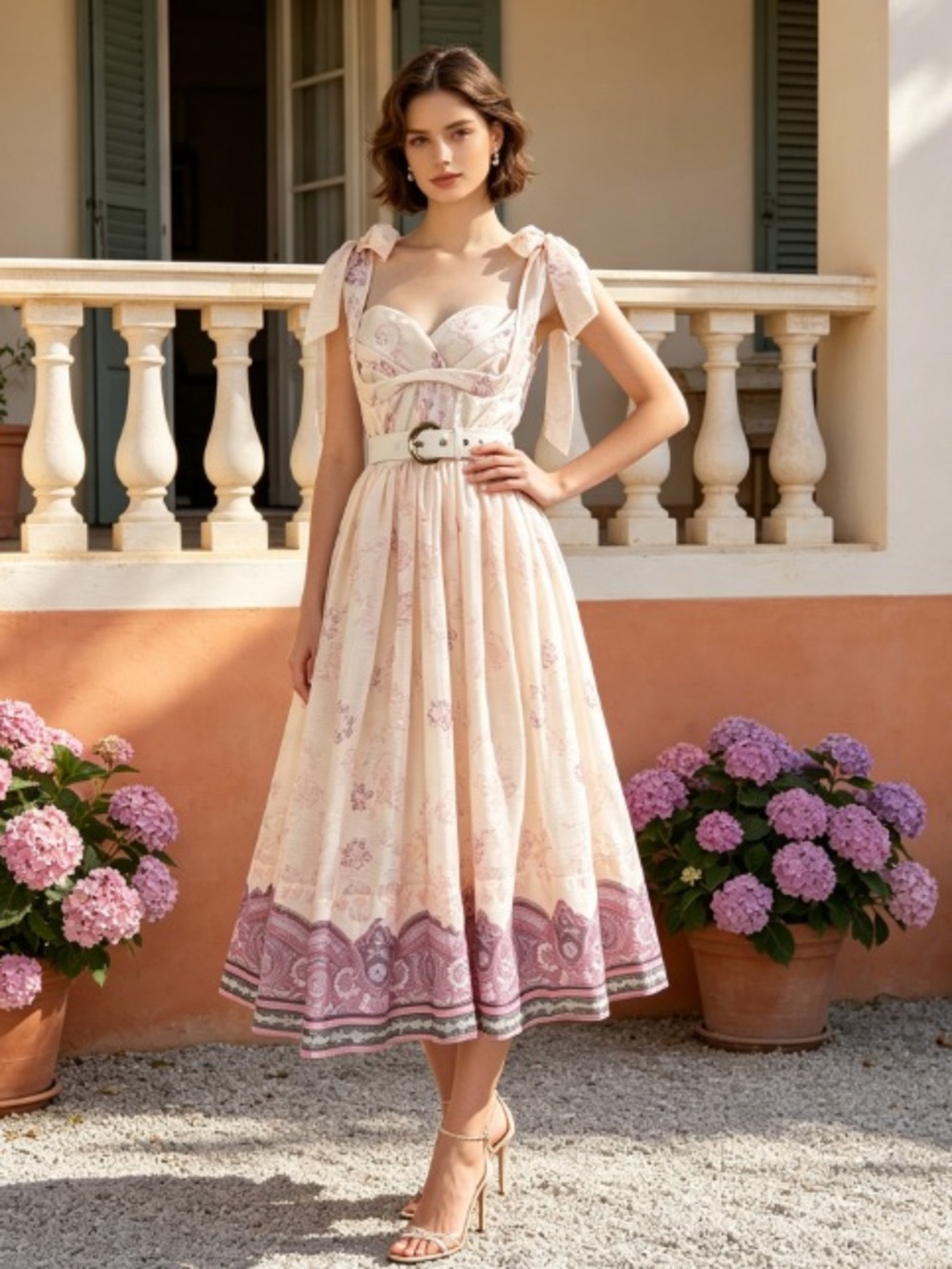 Sleeveless Tie-Shoulder Floral Midi Dress in Blush Pink